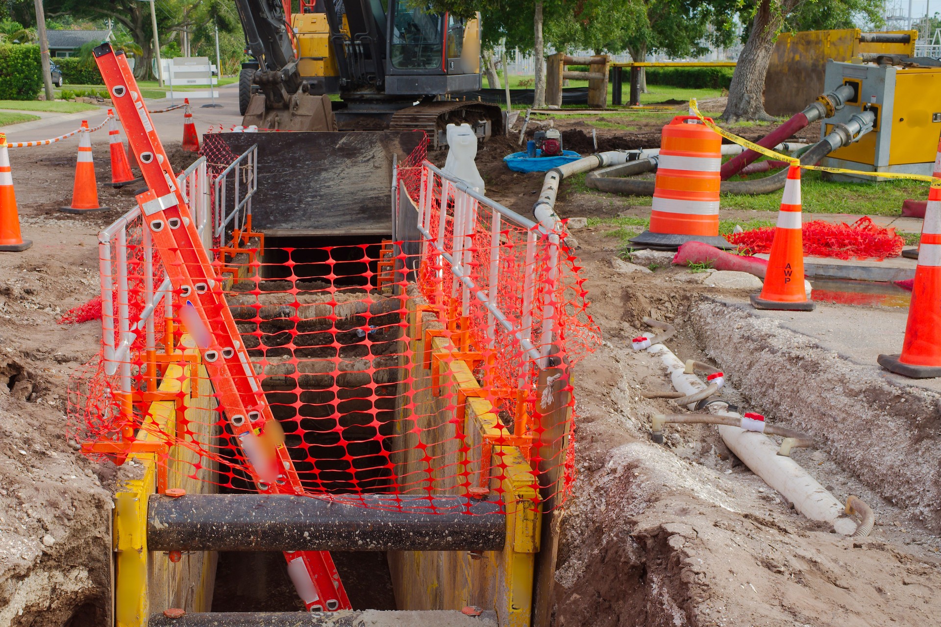 Construction Zone with Safety Measures and Pipeline Installation